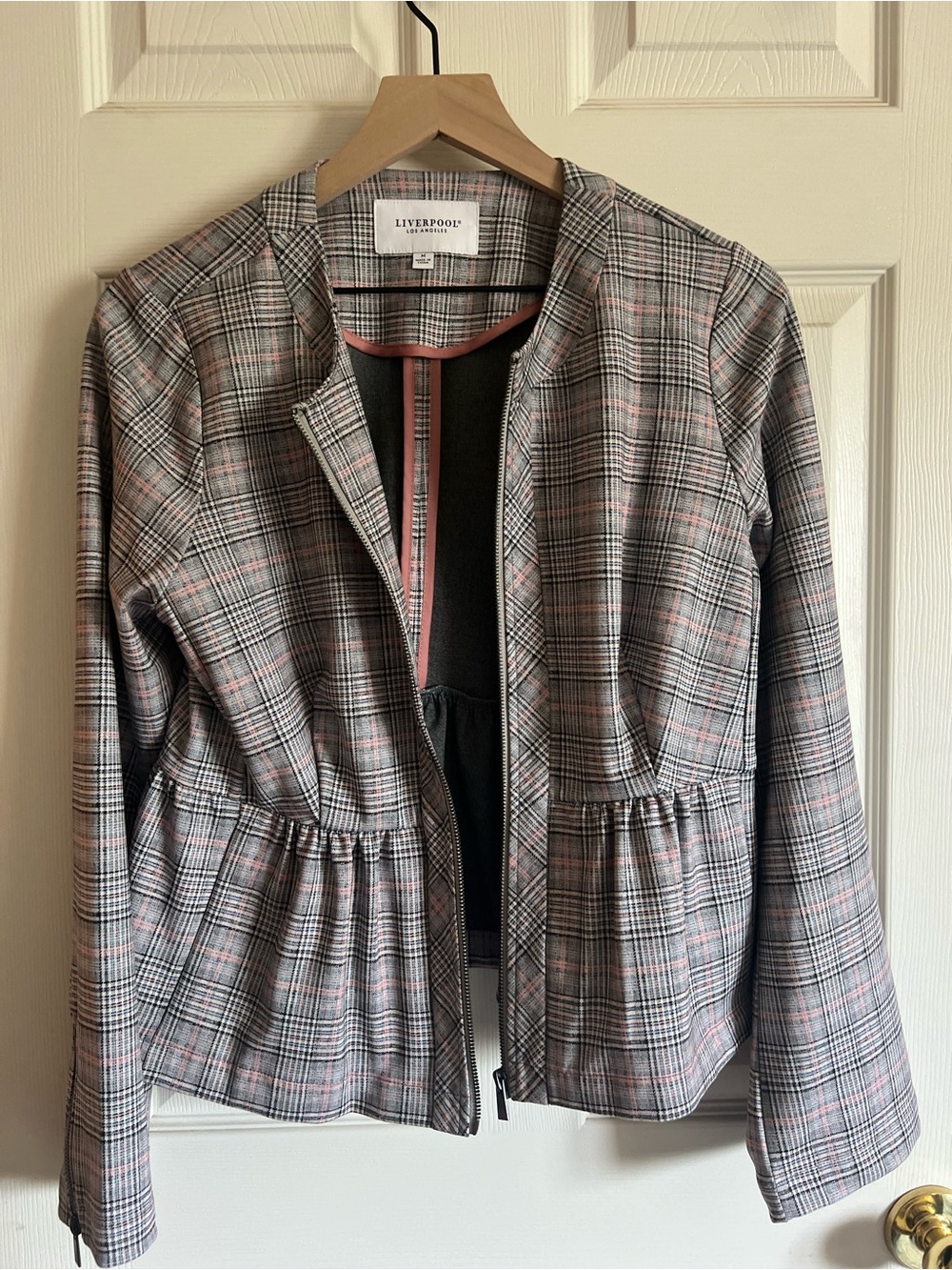 Liverpool Gray Plaid Peplum Zip Jacket with Pink Trim